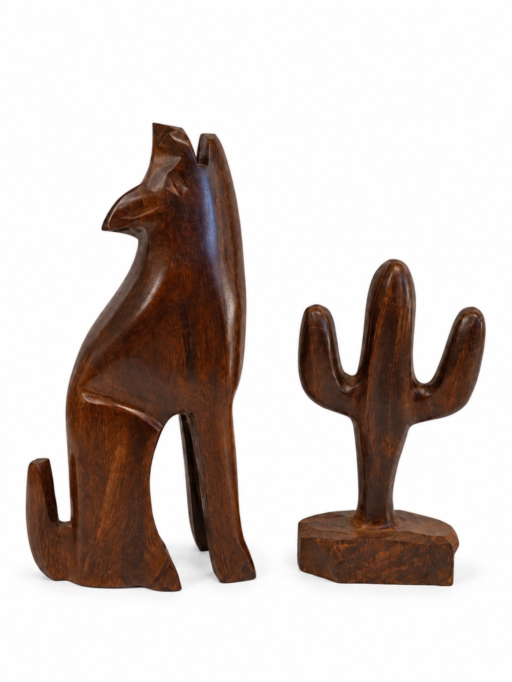 Vintage Hand-Carved Ironwood Wood Coyote & Cactus Set